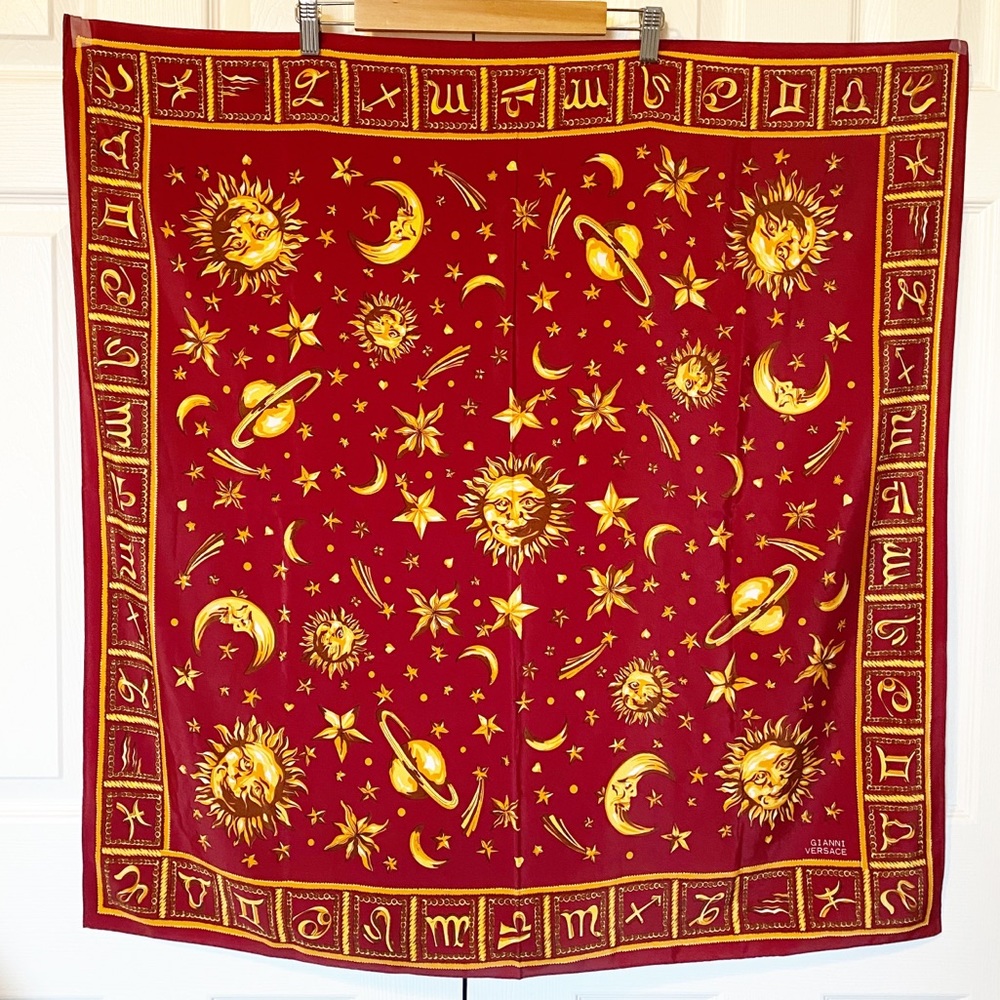 Gianni Versace Silk Baroque Zodiac Celestial Astrology Scarf in Red &Gold